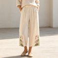thumbnail image 5 of Utoimkio Women's Cropped Pants Linen Elastic Waist Floral Embroidery Capri Trousers with Side Pockets for Summer Beach Daily Walk, 5 of 9