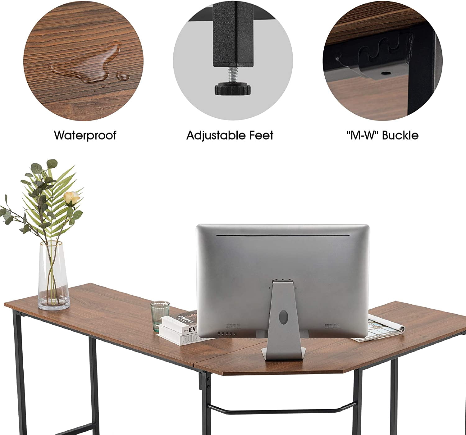 ivinta L Shaped Computer Desk, Modern Corner Desk for Small Space Living Room Bedroom 7121 (Brown)
