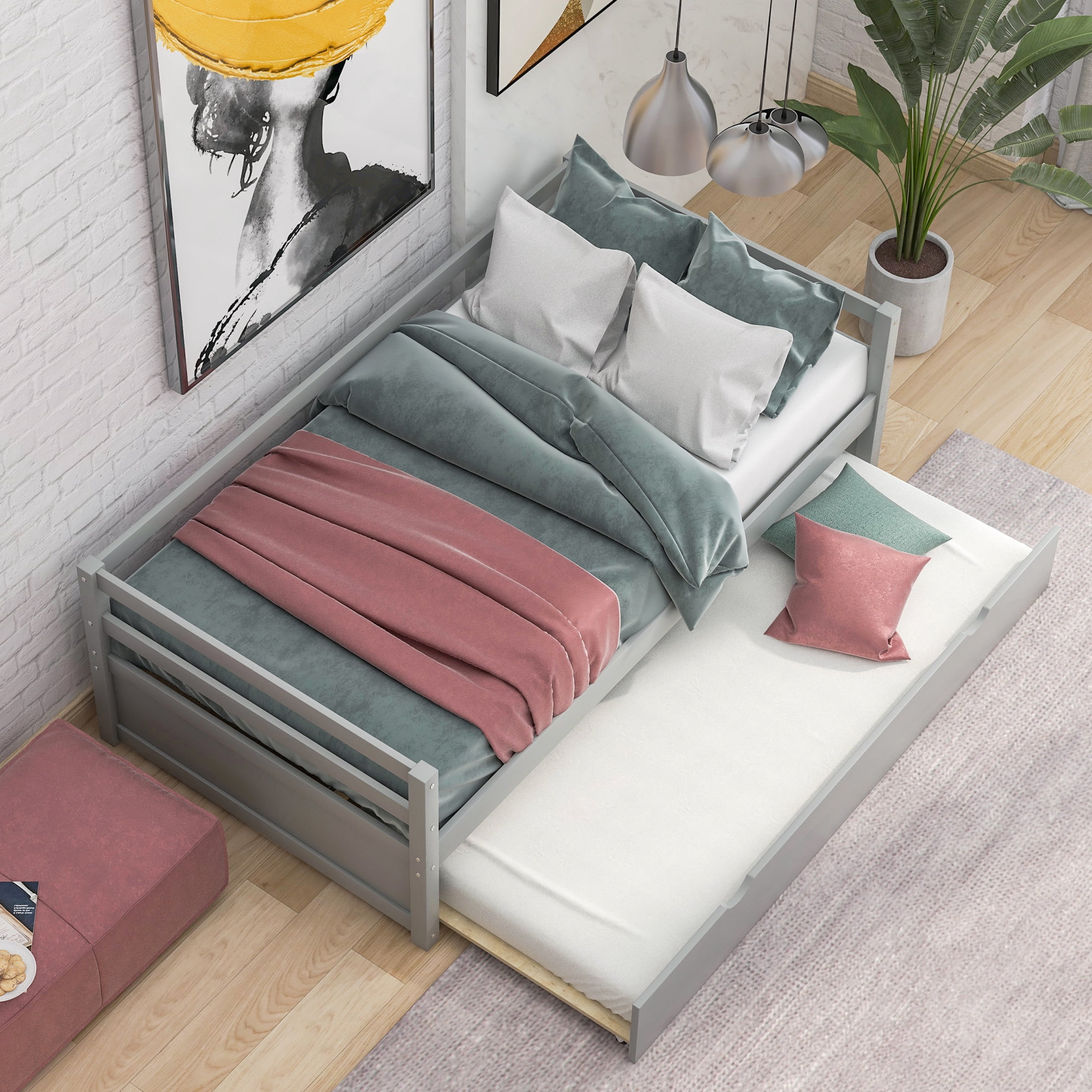 Noble House Twin Daybed with Hidden Rolling Trundle, Pine Wood Frame, Minimal Space Saving Design, Gray