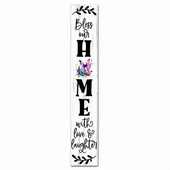 Funny Wooden Sign Vertical Welcome Sign for Front Door Bless Our Home with Love and Laughter Porch Sign for Front Door Farmhouse Welcome Porch Decor Wood Sign 4x16 Inch
