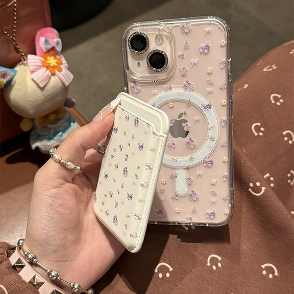 Korean cute bow clear floral for MagSafe wireless charge phone case for iPhone 15 14 13 12 11 pro Max case Glitter back cover