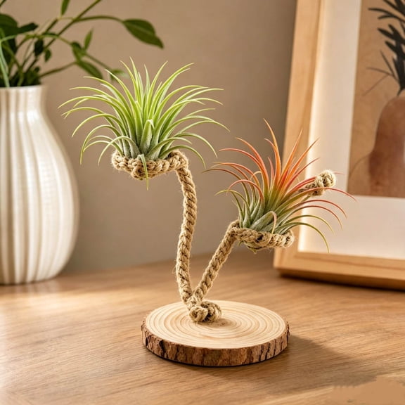 Rope Air Greenery Holder with Wooden Base, Creative Twine-Wrapped Soilless Botanical Display Stand for Office Desk, Home Living Room, Shelf, Tabletop & Minimalist Interior Styling