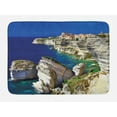 thumbnail image 1 of Cityscape Bath Mat, Binifacio Town Rocks Corsica Coastline Cliff Clear Ocean Summer Seascape Panorama, Non-Slip Plush Mat Bathroom Kitchen Laundry Room Decor, 29.5 X 17.5 Inches, Nacy Beige, Ambesonne, 1 of 2