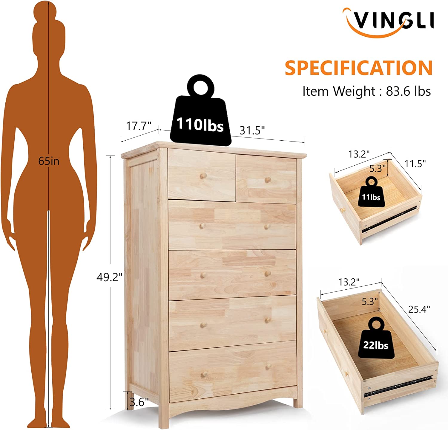 VINGLI Unfinished Farmhouse Natural Solid Wood Tall 6-Drawer Dresser for Bedroom Vintage Dressers Chests of Drawers