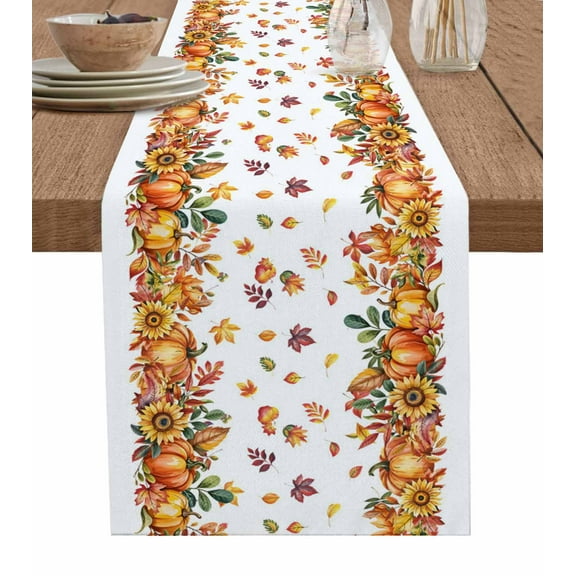 Orange Yellow Pumpkins Table Runner Autumn Leaves Retro Tablerunners 13 x 120 Inch, Table Decorations Tabletop Scarf for Summer Gathering Holiday Farmhouse Kitchen Dining Decor
