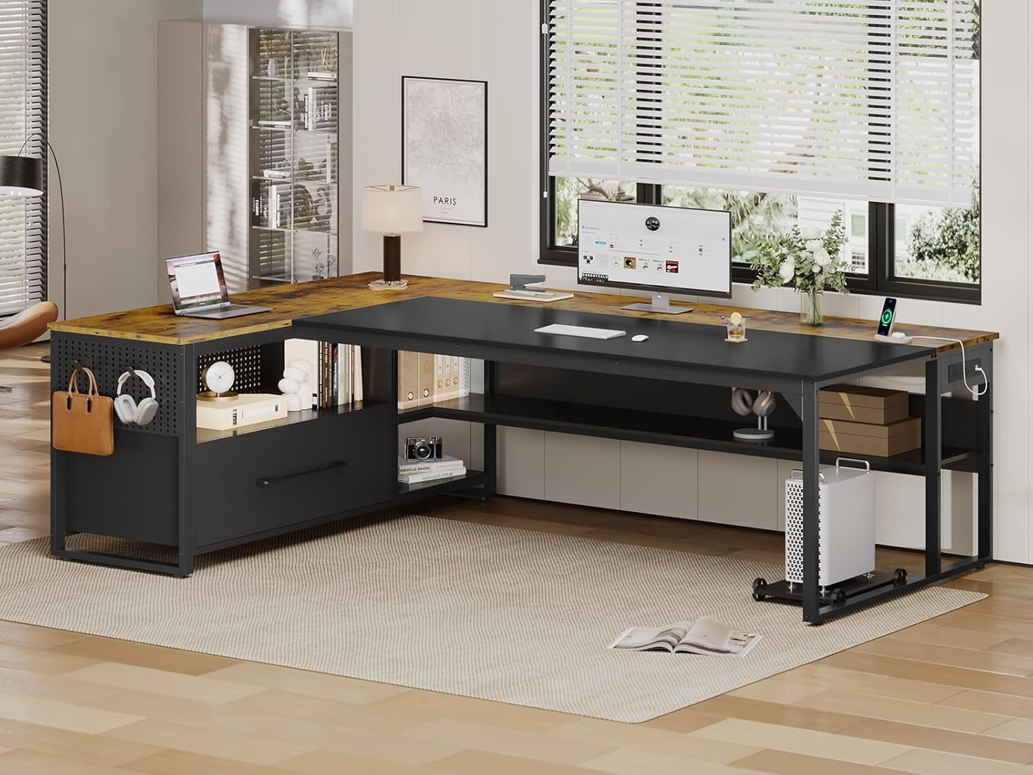 71" L Shaped Executive Desk, Large Office Desk with Widen File Drawers and Power Outlets, Reversible Computer Desk Corner Desk with Storage Shelves, Rustic Brown