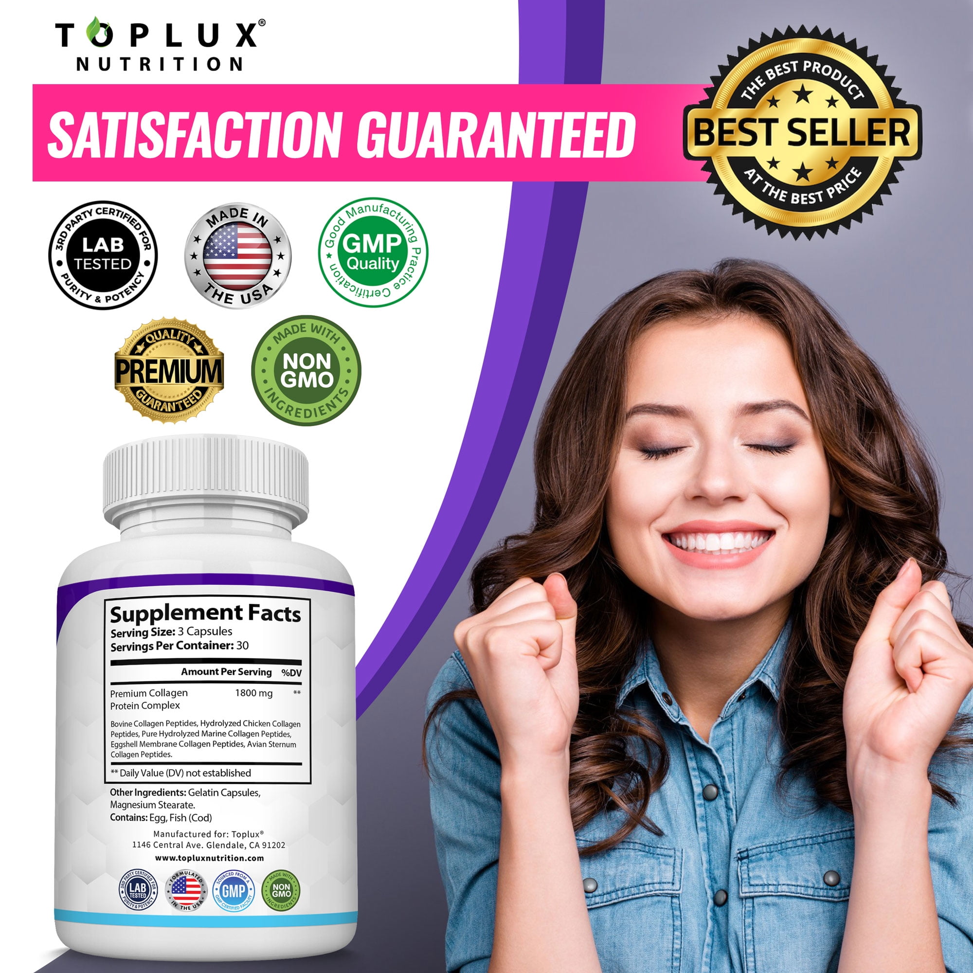 Toplux Multi Collagen Peptides Pills 1800mg Collagen Complex Type I, II, III, V, X for Better Skin & Hair, Strong Joint, Hydrolyzed Protein 90 Capsules