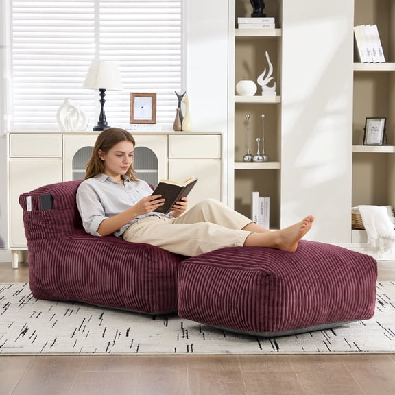 Lounger Large Big Bean Bag Chair with Practical Side Pocket, Comfy Corduroy Memory Foam Filled Beanbag Comfy Corduroy Bean Bag Chair with ottoman for Living Room, Bedroom, Balcony, WINE RED