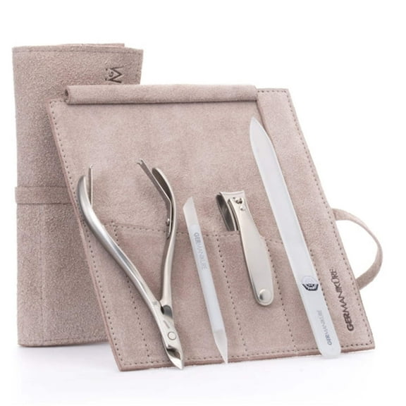 GERMANIKURE 4pc Manicure Set in Beige Suede Case - FINOX Stainless Steel Tools Made in Germany, Glass Nail Care Supplies Made in Czech Republic – Professional Cuticle and Nail Care Kit