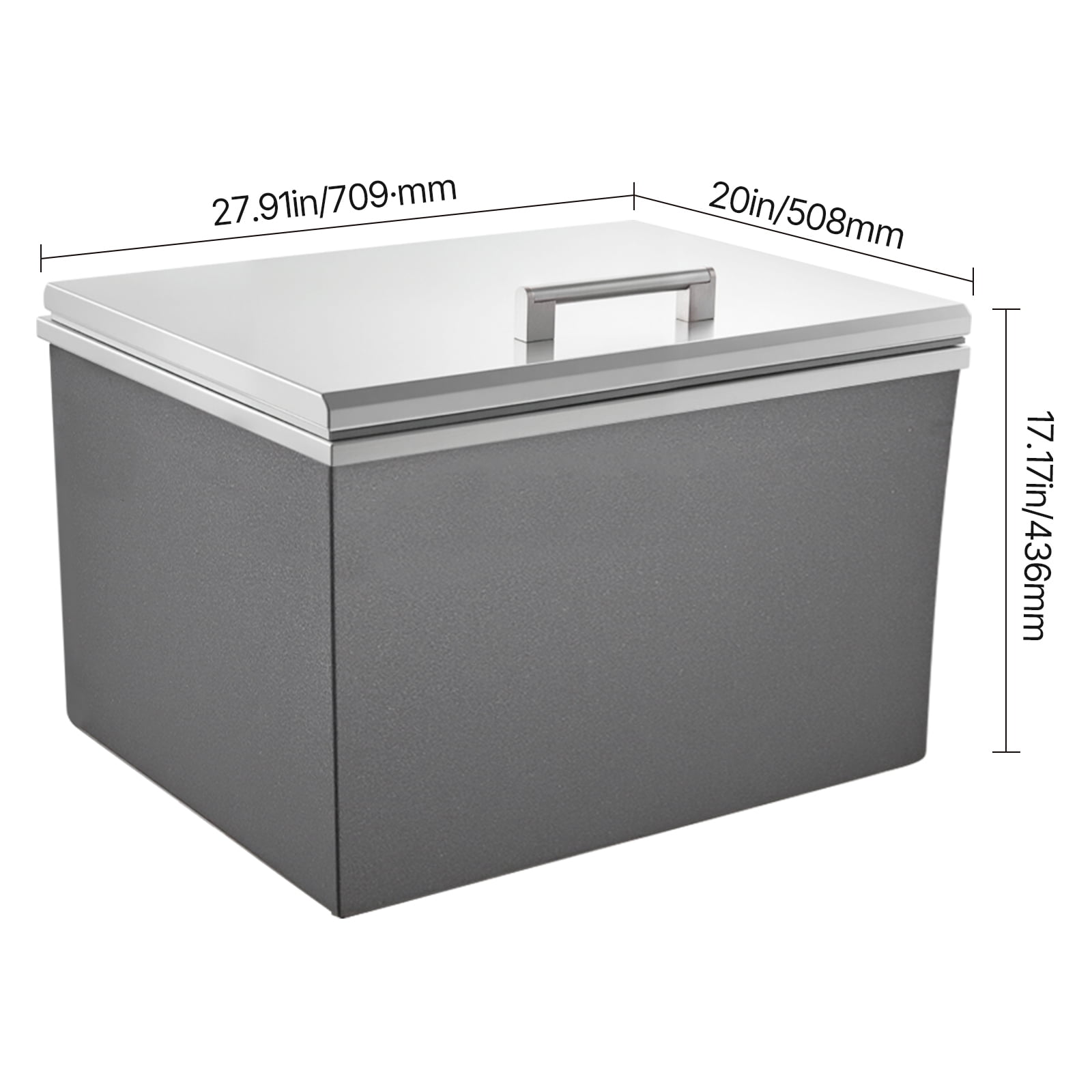KFFKFF Stainless Steel Drop-in Ice Chest, 28"L x 20"W x 17"H Cooler, 113.7 Quart Capacity with Flip Lid, Ideal for Outdoor Kitchens, Patios, and Bars, Includes Drain Pipe for Chilling Beverages