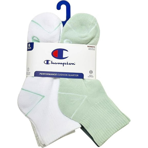 CHAMPION SOCKS WOMEN'S - QUARTER CUT - 253 WHITE GREEN - SHOE SZ 5-9 PACK 6
