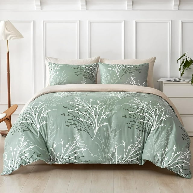 Reversible Duvet Cover Queen Tree Branch Pattern Queen Duvet Cover Set pc Soft Microfiber Breathable Botanical Bedding Sets with Zipper Ties