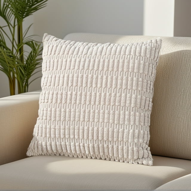 Funda de cojín decorativa REGALWOVEN de corduroy suave, funda de cojín a rayas bohemia, beige, 20" x 20"