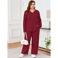 thumbnail image 2 of SHOWMALL Plus Size Pajamas for Women, 2 Piece Pajama Set, Cozy Ribbed Fleece Long Sleeve Henley Top & Wide Leg Lounge Pants, Warm Holiday Loungewear, Burgundy, 2 of 10