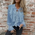 thumbnail image 2 of Lenpel Women's Chiffon Tops Bell Long Sleeve Tie Front Collared Ruffle Trim Layered Button down Shirts Dressy Casual Blouses(Blue,X-Large), 2 of 5