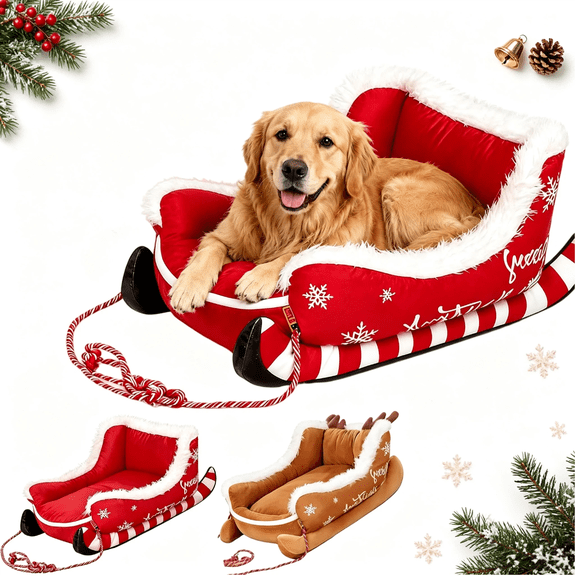 Santa Sleigh Dog Bed Comfort and Fuzzy Christmas Dog Sleigh Bed 26 in x 20 in x 11 in Sleigh Shaped Pet Beds Washable Small Dog Cat Bed