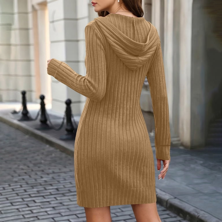 SAWOBUUN Women Long Sleeve Sweater Dress V Neck Knit Bodycon Hoodie Dress Casual Fall Winter Mini Dresses with Pockets