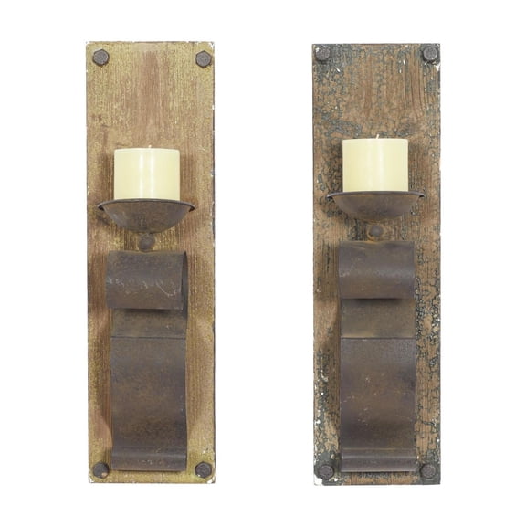 DecMode 2 Holder Brown Wood Scroll Distressed Pillar Wall Sconce with Bronze Metal Holders, Set of 2