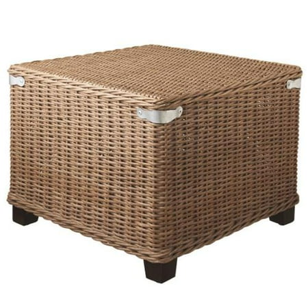 20" Light Brown Woven Rattan Square Ottoman Foot Stool with Metal Accents