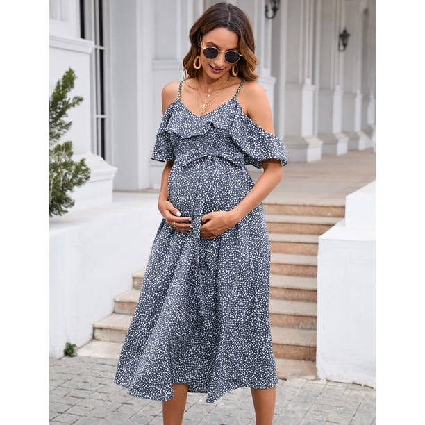 baby shower midi dress Angel Maternity Celine Baby Shower Smock Midi Dress in Blue/Floral