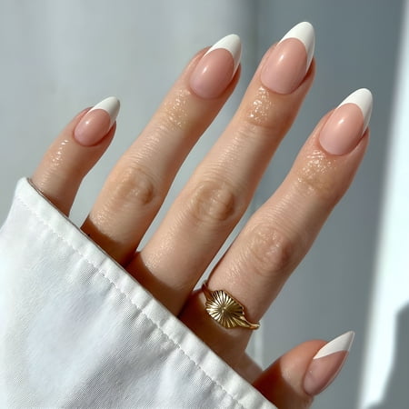 RAGUPEL 2026 New Press on Nails - French Tip Nails, Uv Finish Short Pointed Almond Shape, Semi-Transparent Nails in 12 Sizes - 24 Nail Kit with Glue