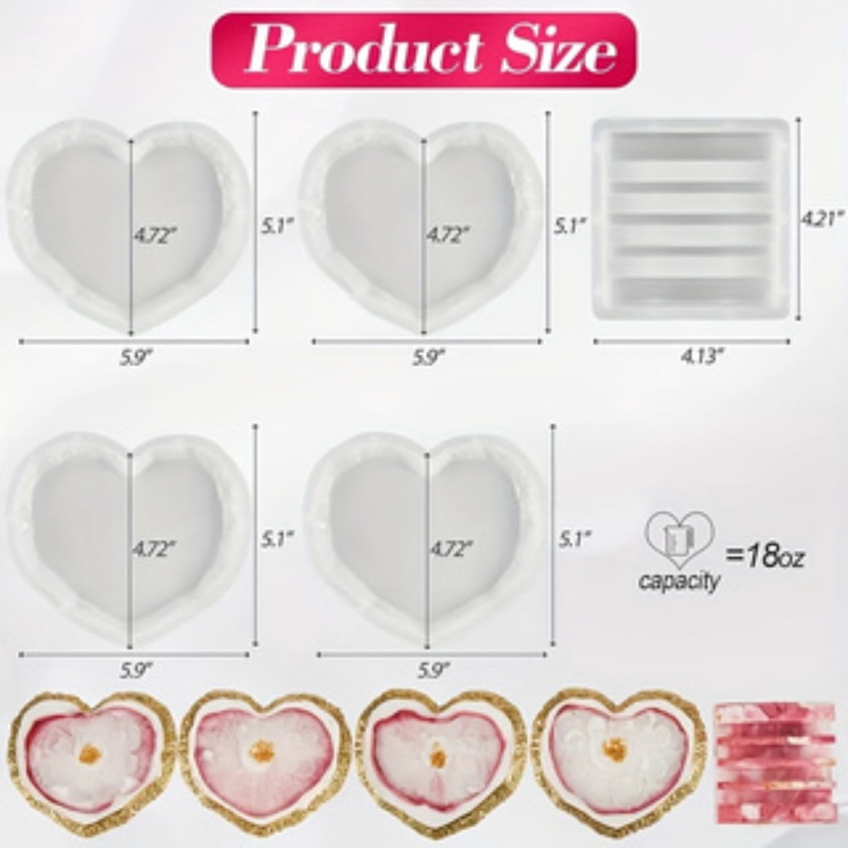4 Pieces Heart Coasters Resin Mold Set - Resin Casting Molds for DIY Epoxy Crafts, Home Decor, Coasters, Silicone Molds with Storage Boxes for Easy Organization and Reuse (with Cup Holders)