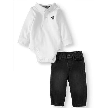Baby Boy Long Sleeve Polo Bodysuit & Denim Skinny Pants, 2pc Outfit Set