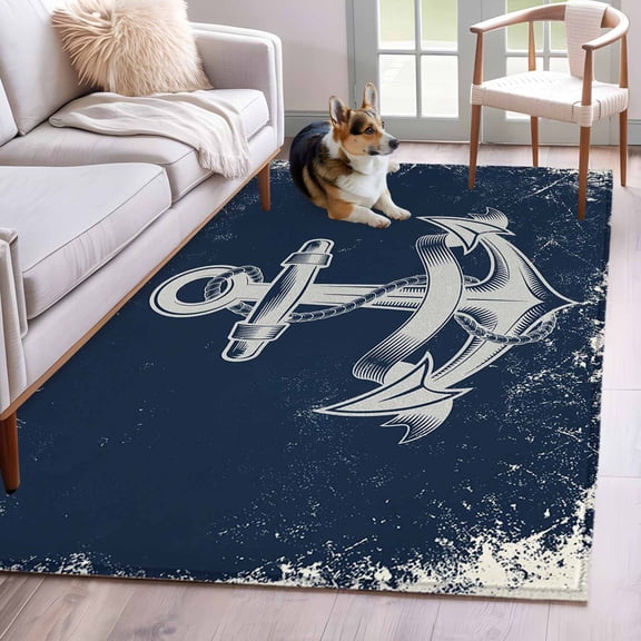 Navy Blue Anchor Area Rugs 4'x6', Washable Small Throw Rugs for Office Bathroom, Nautical Coastal Summer Vintage Ocean Indoor Outdoor Rug Non-Slip Low Pile Carpet Runner Reversible Floor Mats