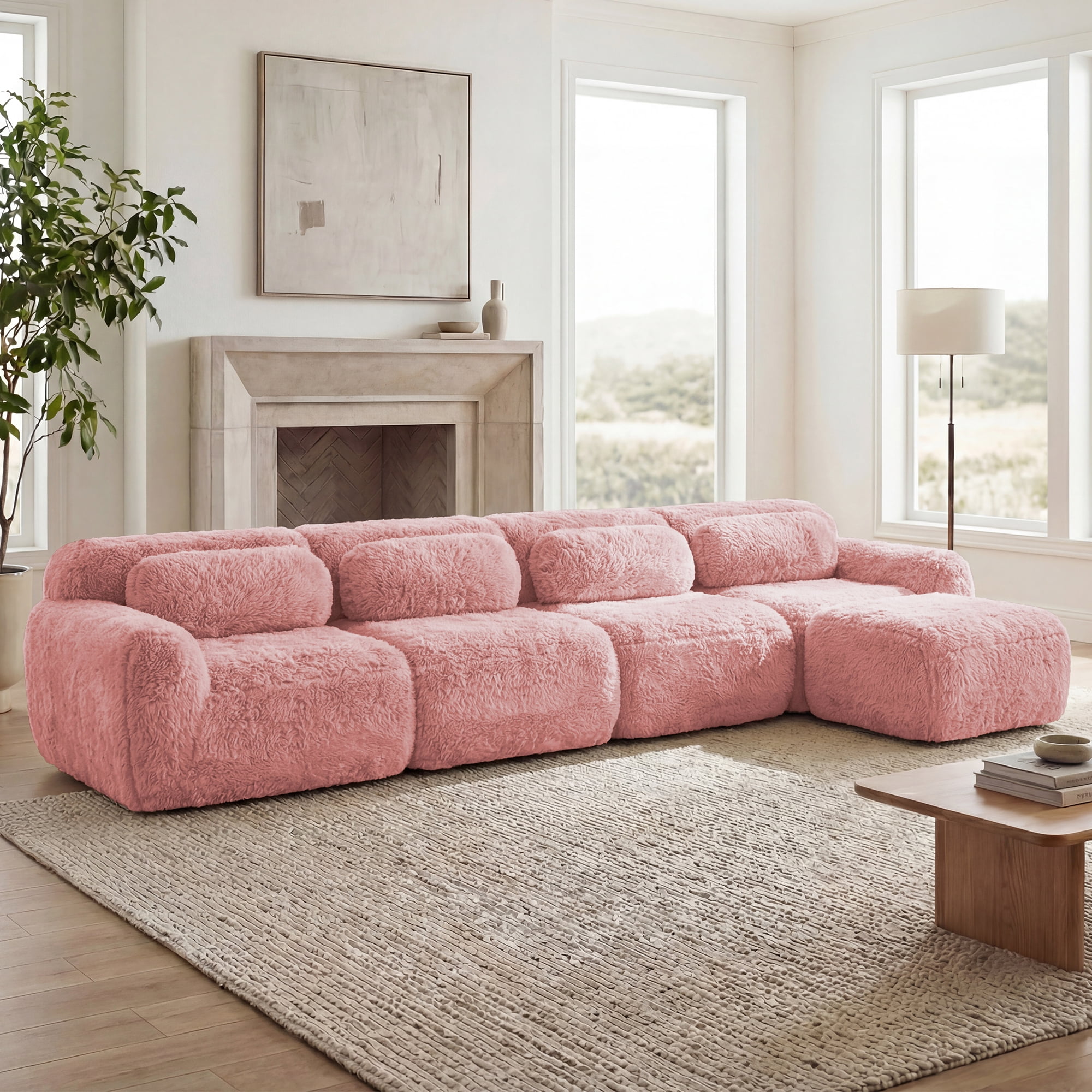 Anpport 149'' L-shaped 4-Seater Modular Sectional Sofa Couches, Soft Fluffy Plush Fabric with Throw Pillows, Movable Ottoman, for Living Room, Apartment & Bedroom, Pink