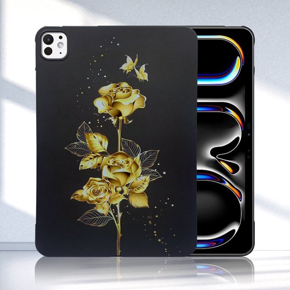 Back Case for iPad Pro 11" 2024 M4 5th Geneartion, Soft TPU Material, Luxury Pattern Ultra Slim Lightweight Heat Dissipation Drop Protective Tablet Case with Stylus Holder - Gold Butterfly Rose