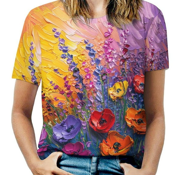 Vibe Blooming Tulips Women's Short Sleeve T-Shirt Crew Neck Casual Summer Trendy Loose Fit Tops
