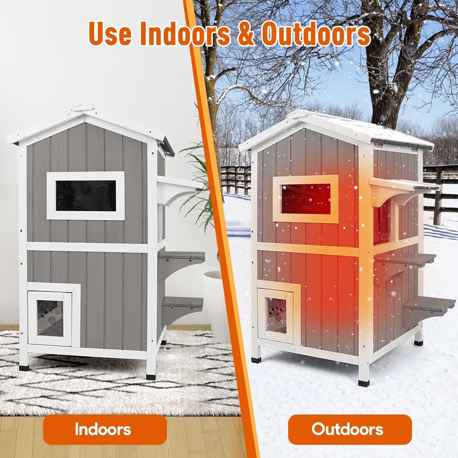 Petsblublu Insulated Outdoor Cat House 2 Story Weatherproof Elevated Outside Cat Shelter, Gray