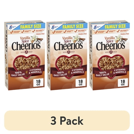 (3 pack) Vanilla Spice Cheerios Heart Healthy Cereal, Gluten Free Cereal With Whole Grain Oats, Family Size, 18 oz