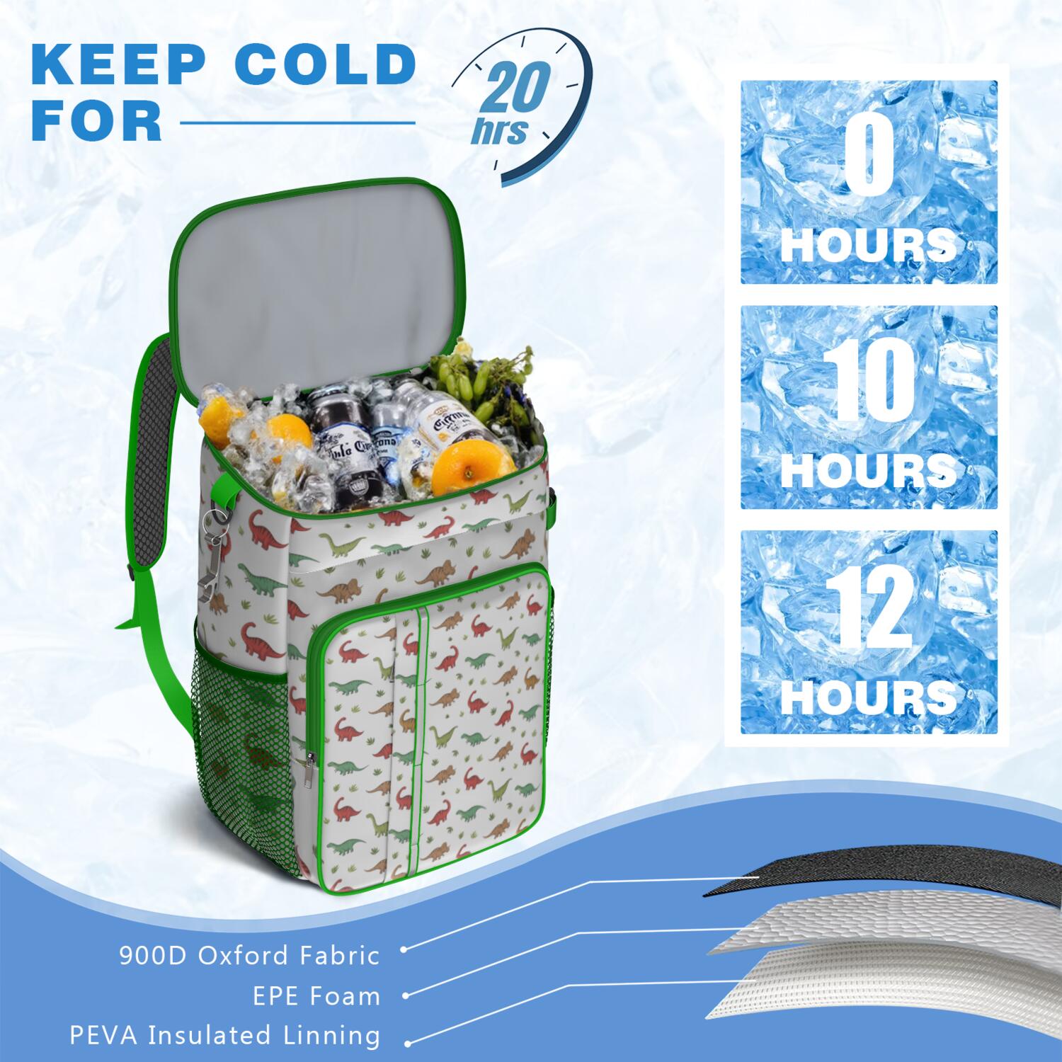 Travel Cooler Bag - White Cartoon Dinosaurs Leaves Pattern Camping Beer Cooler Backpack with Bottle Opener- Waterproof Insulated Picnic Backpacks - Cooler Bag for Beach