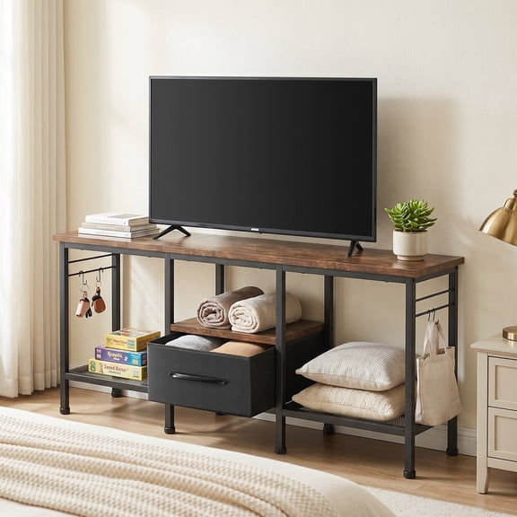 MOSUI TV Stand Vintage Industrial Style with Fabric Drawer Open Storage Shelves for 55 Inch TV