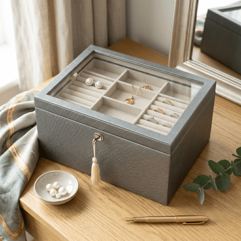 Hives and Honey Danielle Leather Jewelry Box for Women, Pewter