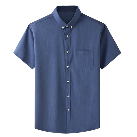 WREESH Oxford Shirts in Short Sleeve Regular Fit Casual Style with Turndown Collar, Pocket Elastic Denim Button Down Dark Blue