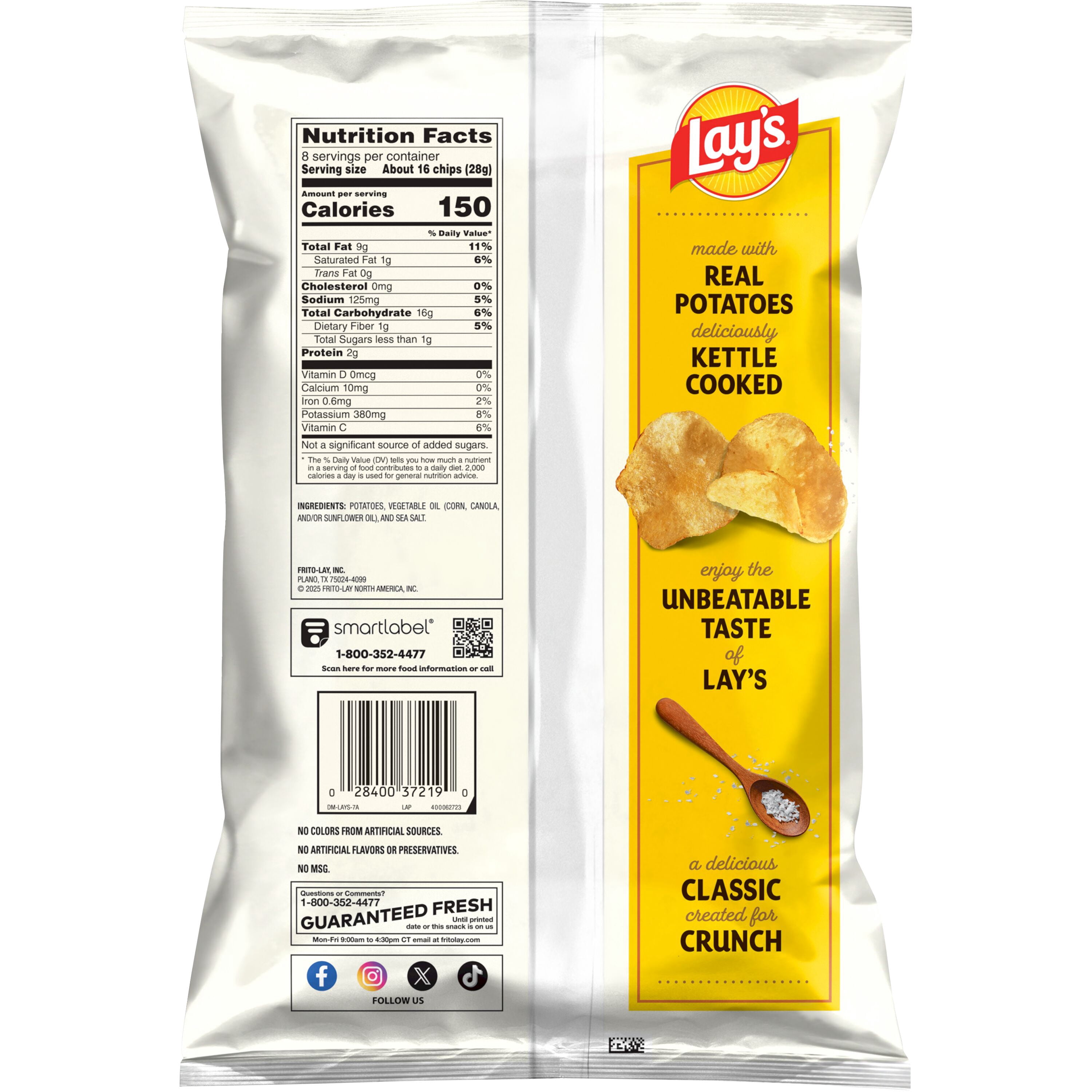 (4 pack) Lay’s Original Sea Salt Kettle Cooked Potato Chips Bag, 8 oz​