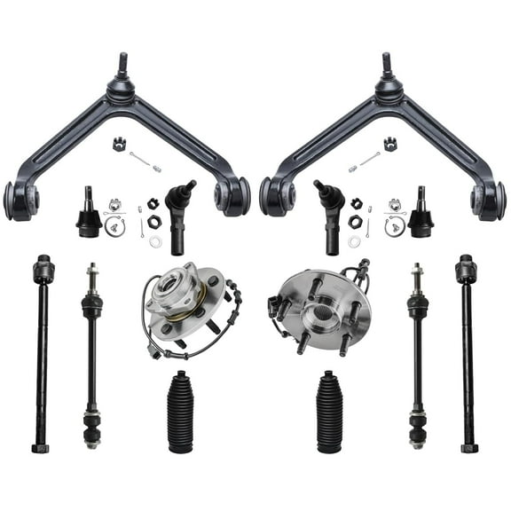 Detroit Axle - Front 14pc Suspension Kit for 4WD 2002-2005 Dodge Ram 1500, 2 Wheel Bearing Hubs 2 Control Arms 2 Ball Joints 4 Tie Rods 2 Sway Bars 2 Boots 2002 2003 2004 2005 Replacement
