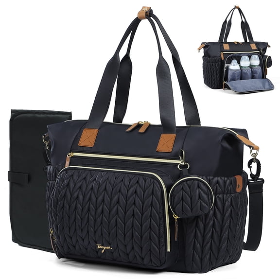 Lekebaby Tote Diaper Bag, Large Capacity Diaper Bags with Changing Pad & 16 Pockets, Waterproof Baby Bag for Hospital, Travel, Black