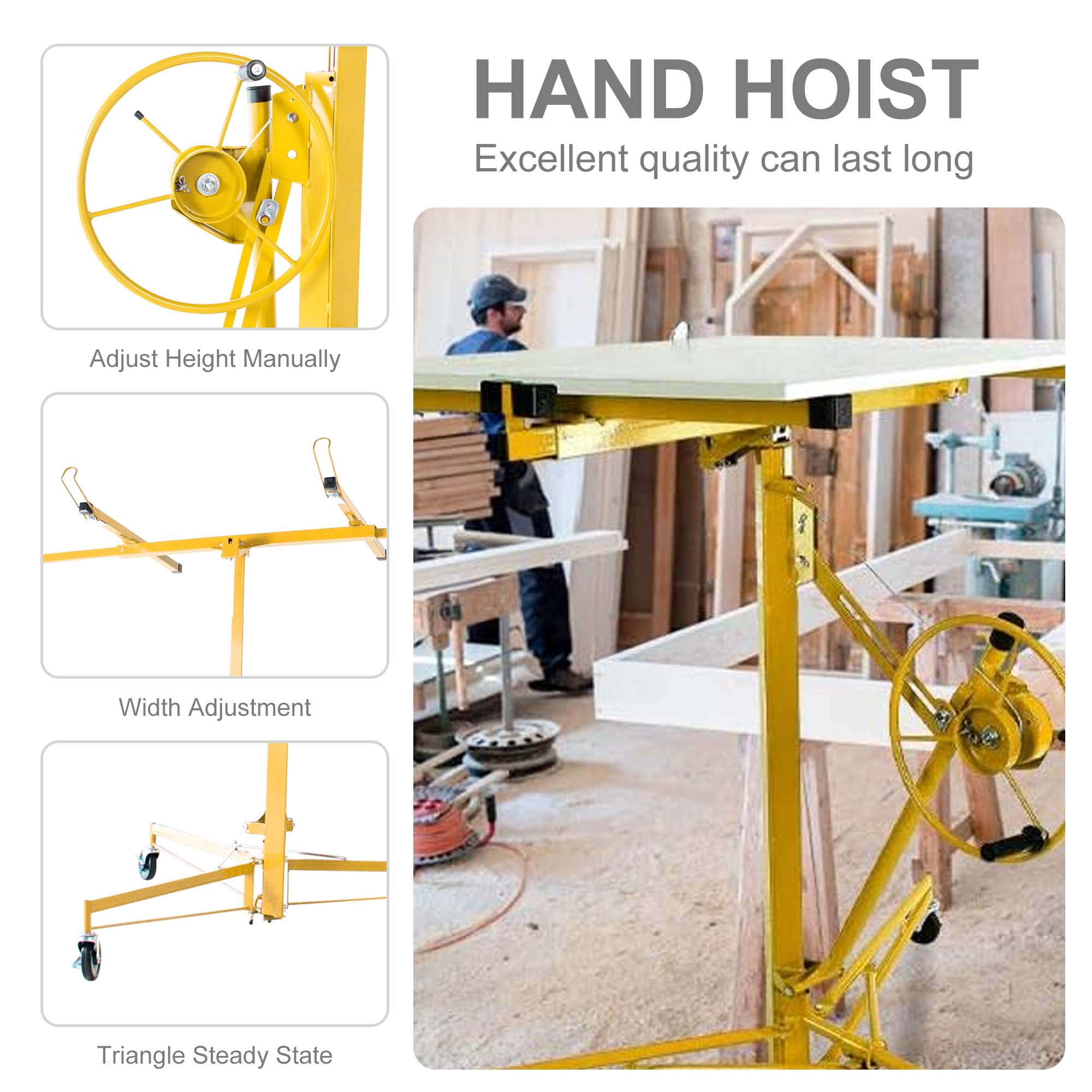 Aukfa 11ft Drywall Lift Rolling Panel Lifter Jack Rolling Caster Wheel Drywall Lift - Yellow