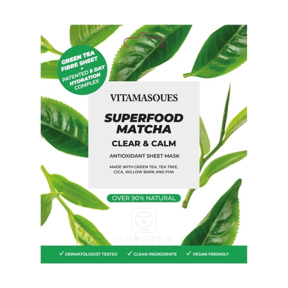 Vitamasques Superfood Matcha Sheet Mask, Clearing & Calming, For All Skin Types, One Sheet Mask