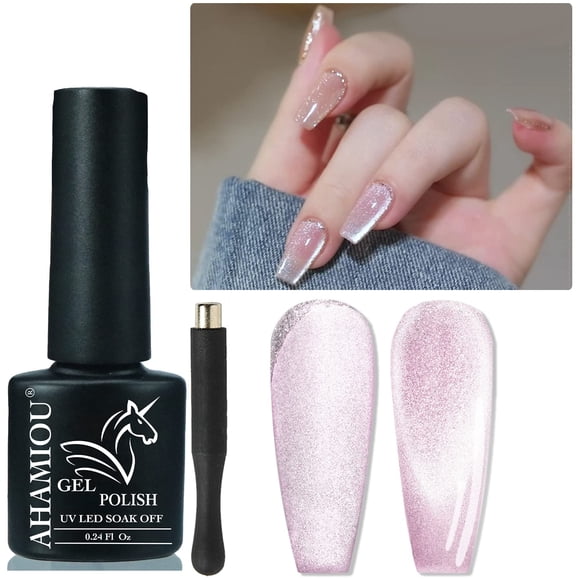 AHAMIOU Crystal Cat Eye Gel Polish Kits Juego de esmalte de uñas magnético Holográfico Ojos de Gato Gel Esmalte de uñas Brillante Diamante Glitter Gel con imán Stick (Rosa-2)