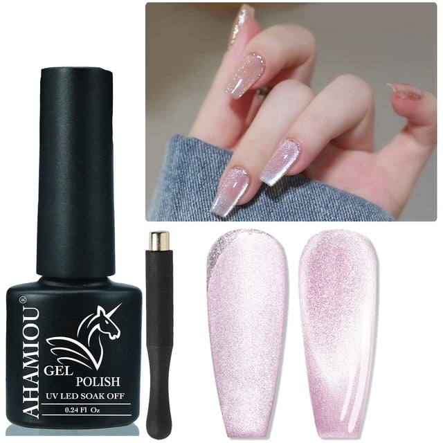 AHAMIOU Crystal Cat Eye Gel Polish Kits Juego de esmalte de uñas magnético Holográfico Ojos de Gato Gel Esmalte de uñas Brillante Diamante Glitter Gel con imán Stick (Rosa-2)