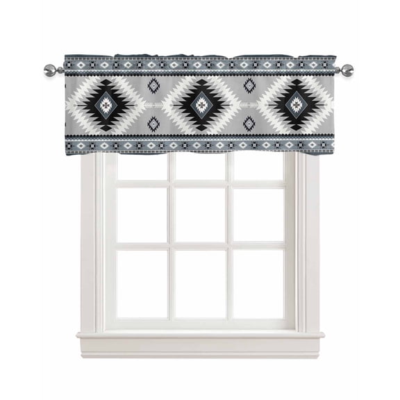 Haze Blue Boho Kitchen Valances for Windows Farmhouse Linen Window Valance Curtain for Living Room Window Treatment Farmhouse Retro Southwest Aztec Motifs Valance Rod Pocket Topper, 54 x 18 Inch