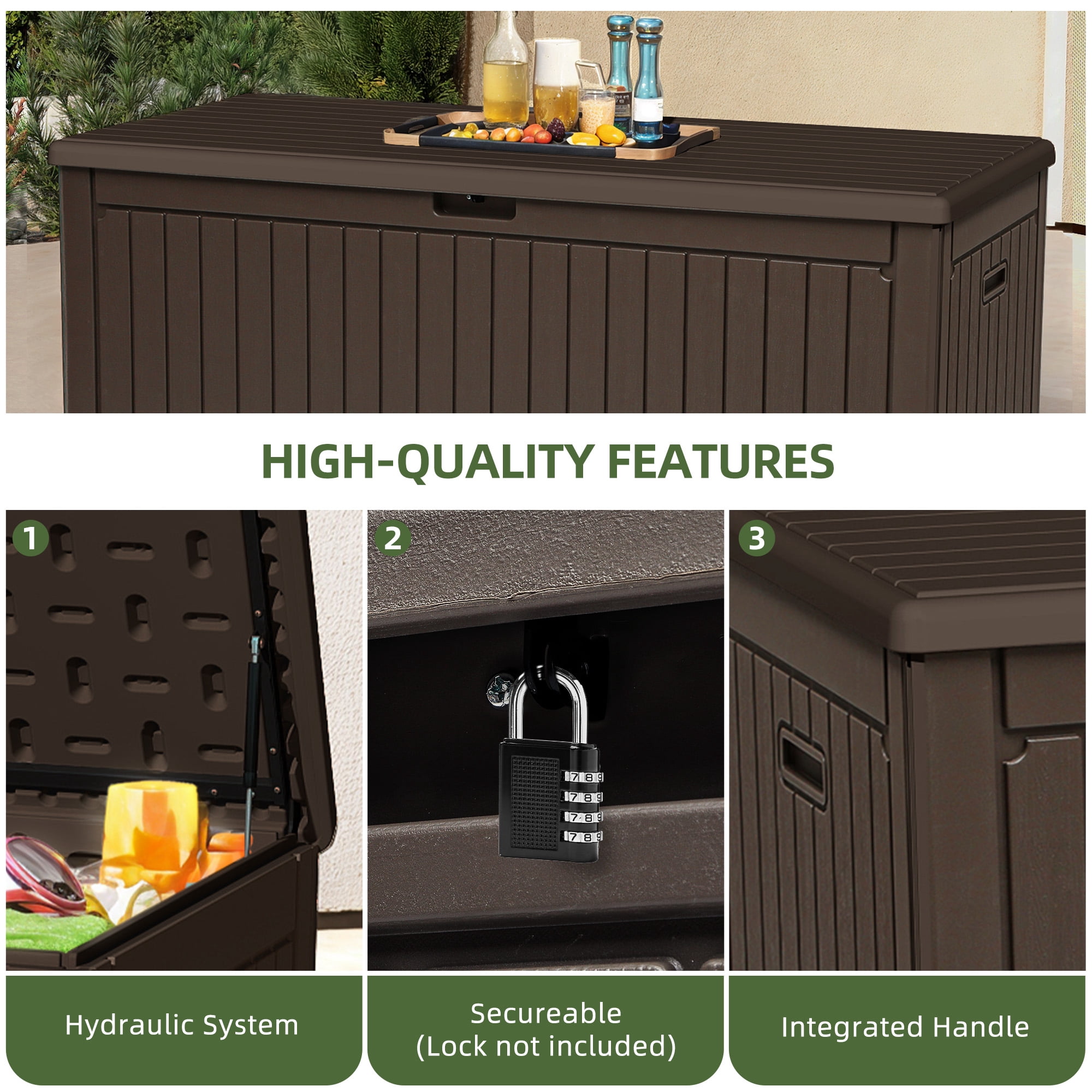 Uforic 260 Gallon Large Deck Box, Double-Wall Resin Outdoor Storage Bin with Divider, Lockable Weatherproof, Brown