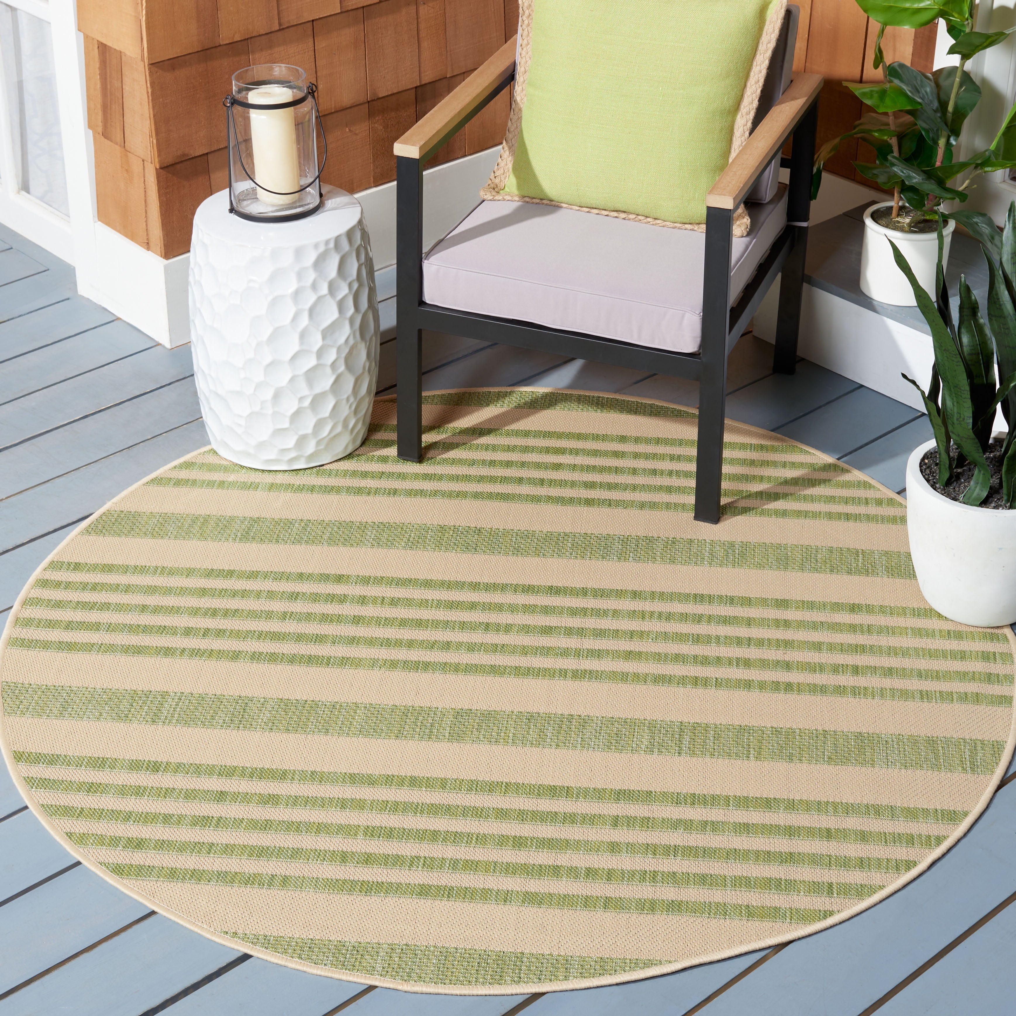 Safavieh Courtyard Caroline Striped Indoor/Outdoor Area Rug, Beige/Sweet Pea, 4' x 4' Round