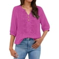 thumbnail image 2 of Womens 3/4 Sleeve Tops Cotton Linen Shirts Embroidered V Neck Button Boho Blouses Loose Fit Dressy Casual Tunic Top,Hot Pink,3XL, 2 of 8