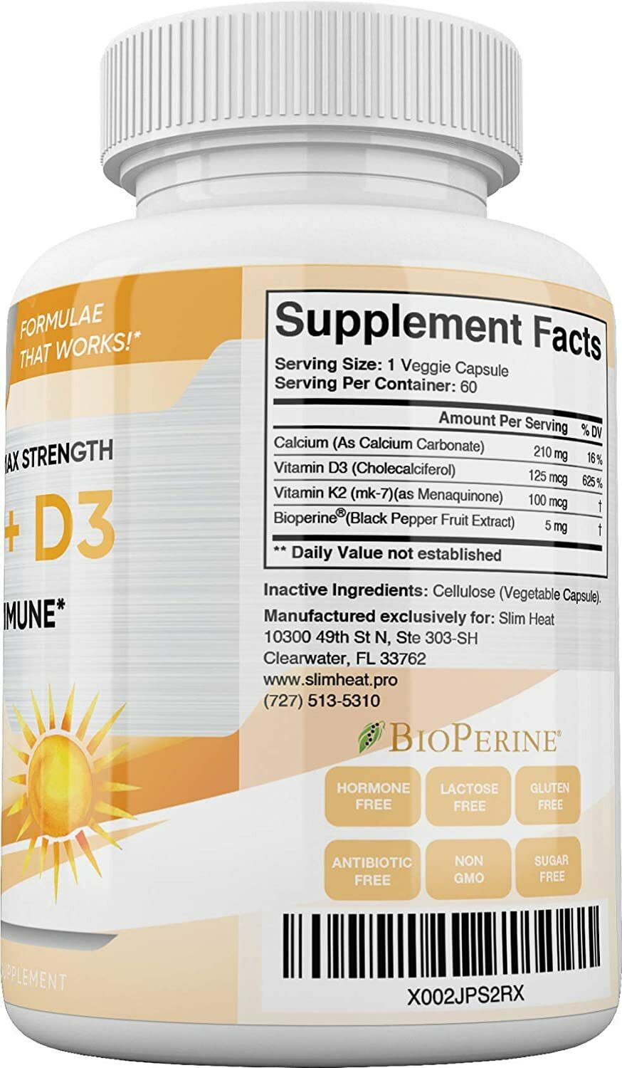 Slim Heat Keto K2 + D3 Supplement, Vitamin D3 5000 IU & K2 100mcg with Calcium & Bioperine, Bone, Heart & Immune Support - All Natural, Non-GMO, 30 Day Supply, Made in USA