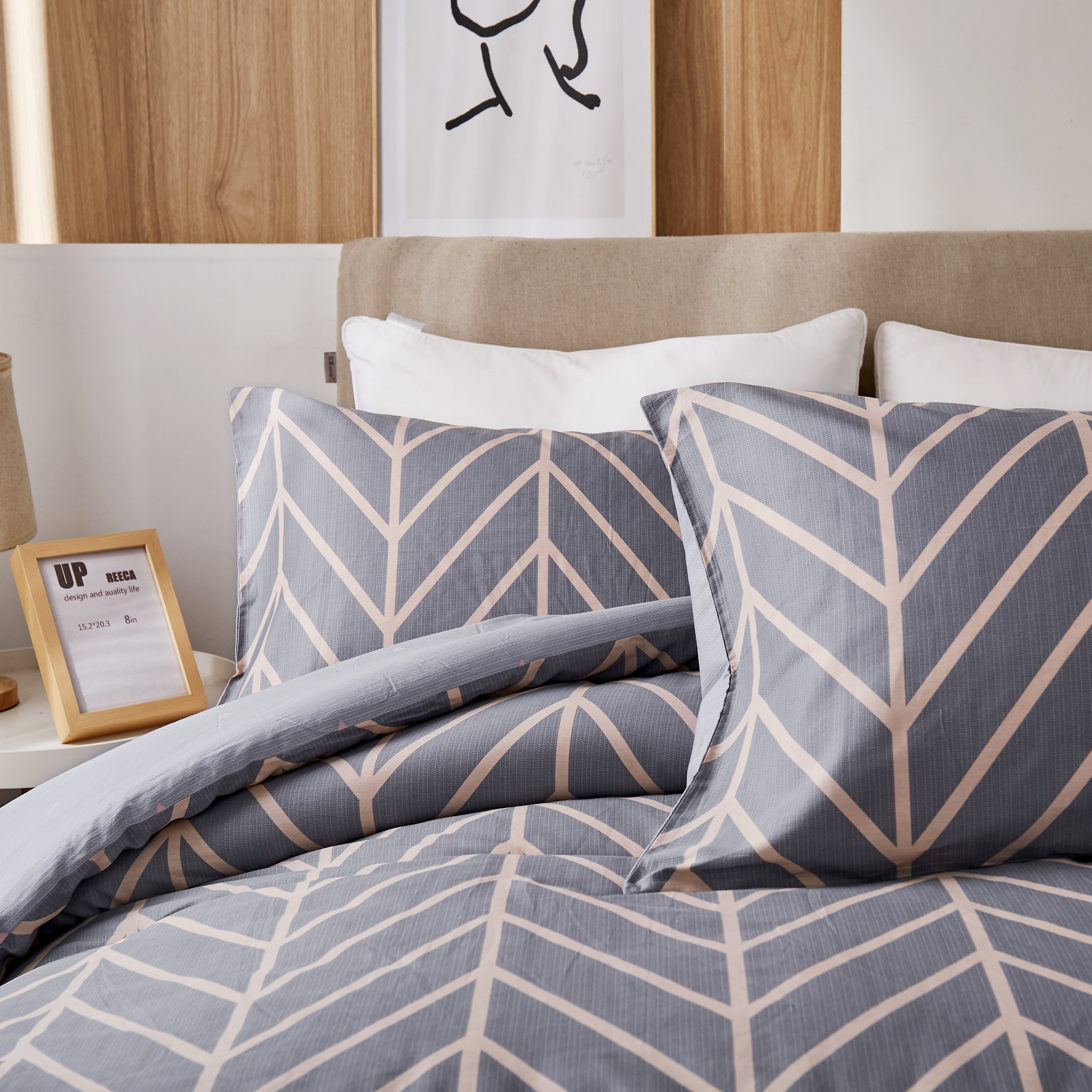 Peach Leaf Super Soft 100% Cotton 3-Piece Comforter Set with Shams, King, Grey Chevron